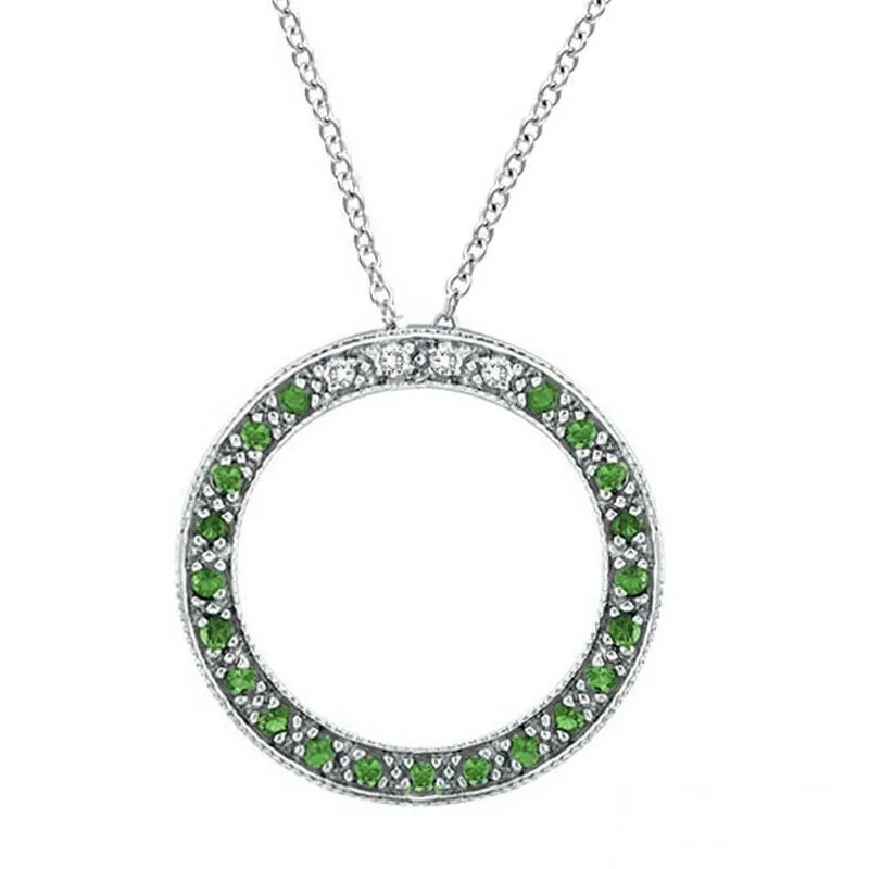 0.25 Carat Diamond & Tsavorite Circle Pendant Necklace 14K White Gold