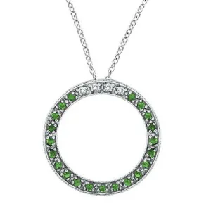 0.25 Carat Diamond & Tsavorite Circle Pendant Necklace 14K White Gold