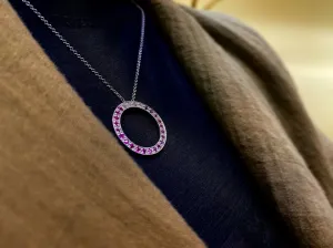 0.65 Carat Natural Diamond & Pink Sapphire Circle Necklace 14K White Gold