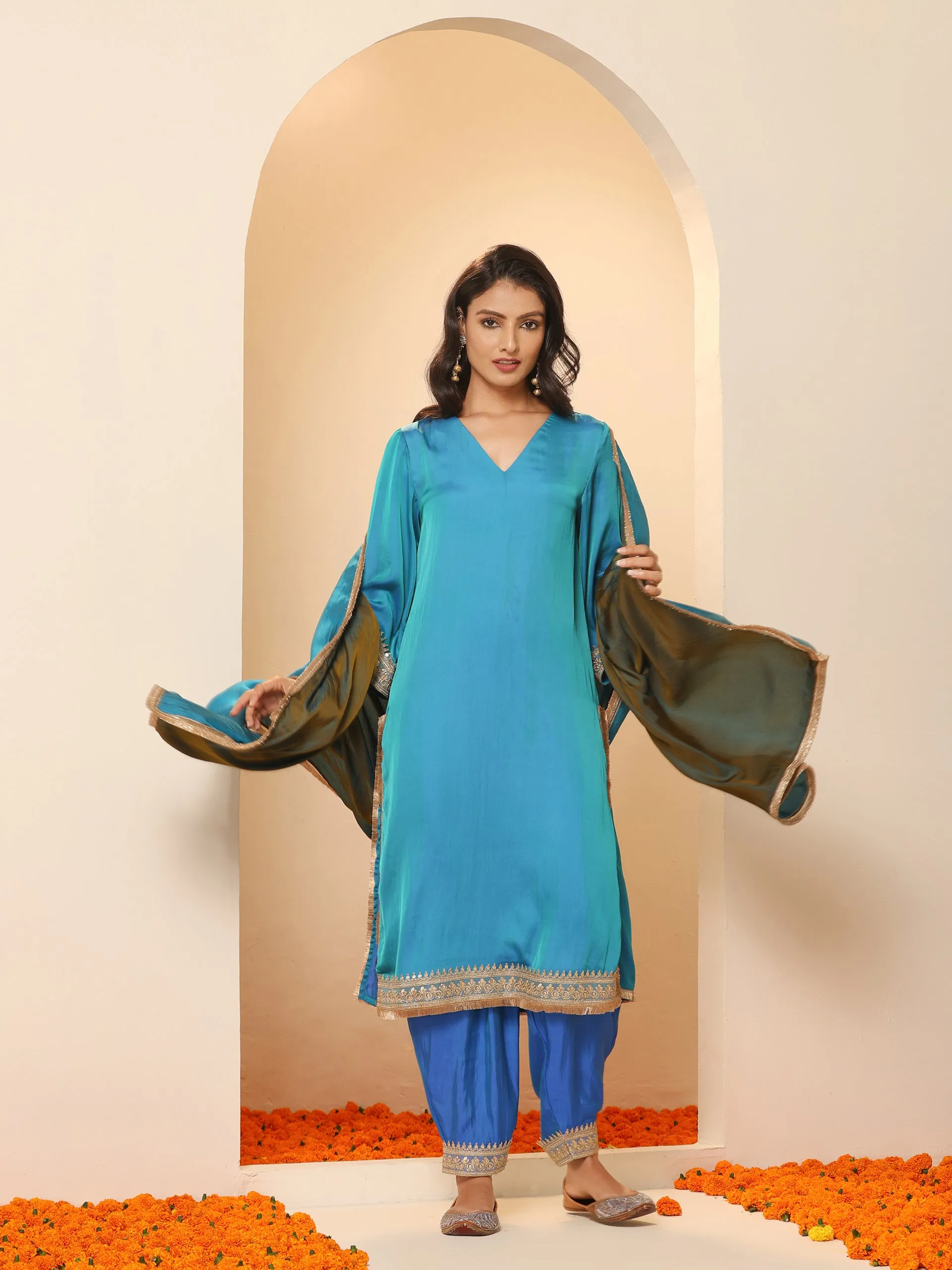 1 Pc - Grandeur Blue and Grey Dupatta with Lace
