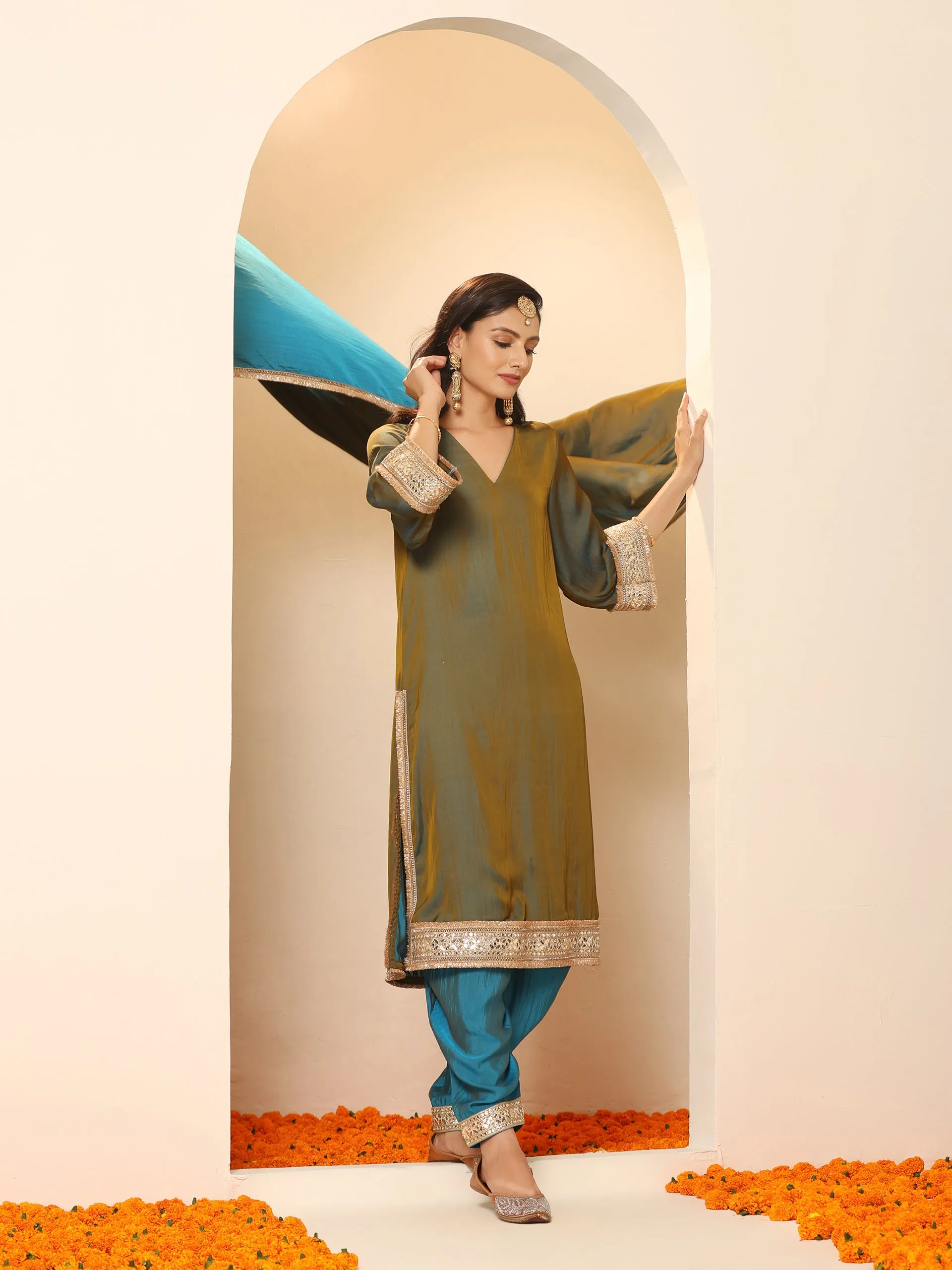 1 Pc - Grandeur Blue and Grey Dupatta with Lace
