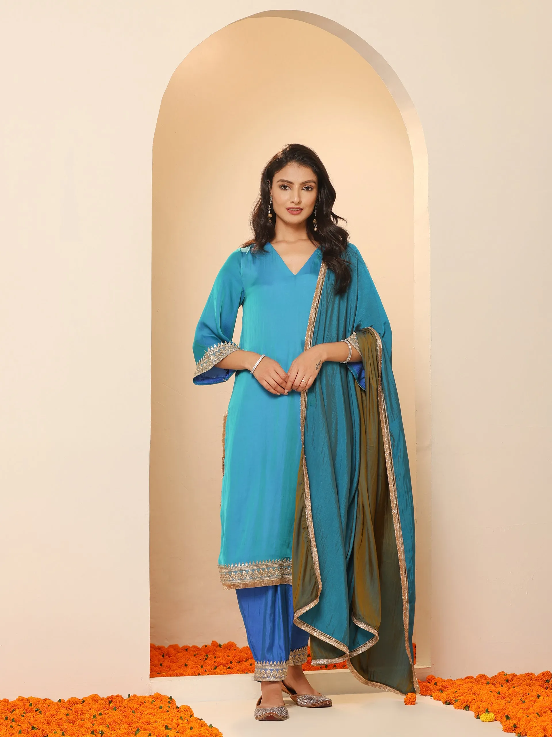 1 Pc - Grandeur Blue and Grey Dupatta with Lace
