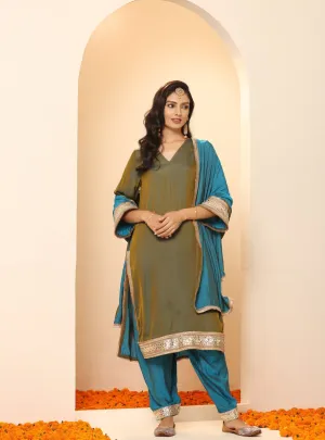 1 Pc - Grandeur Blue and Grey Dupatta with Lace