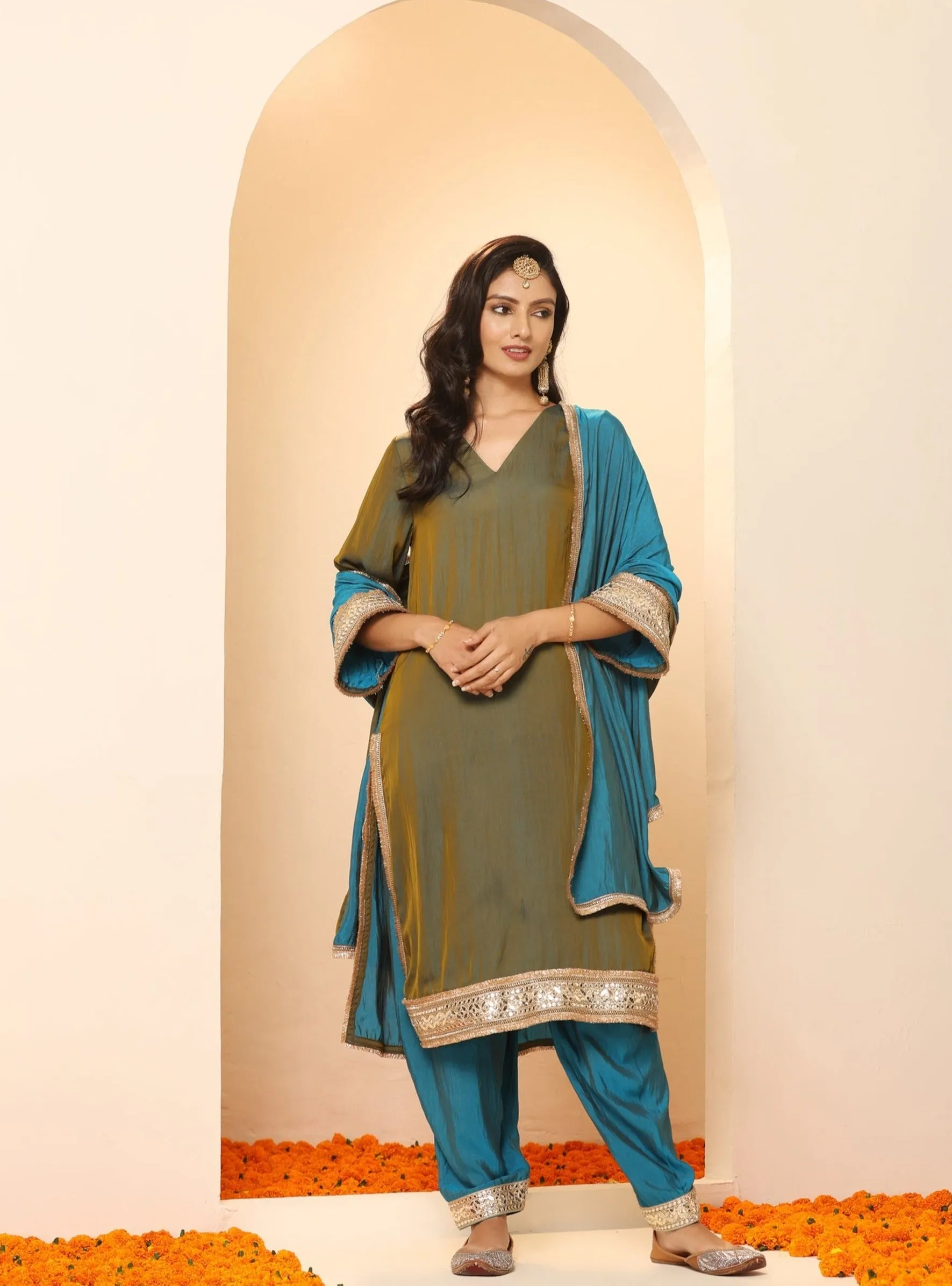 1 Pc - Grandeur Blue and Grey Dupatta with Lace