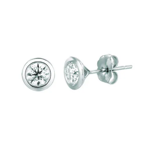 1.00 Carat Natural Diamond Bezel Stud Earrings G SI 14K White Gold