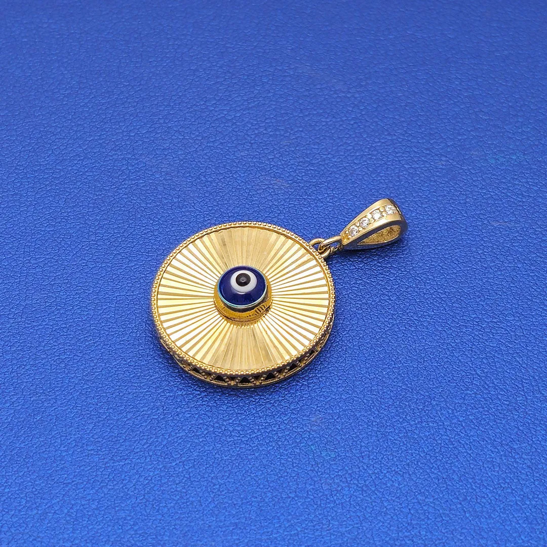 14k CZ Fancy Laser Cut Circle Dark Blue Evil Eye Pendant
