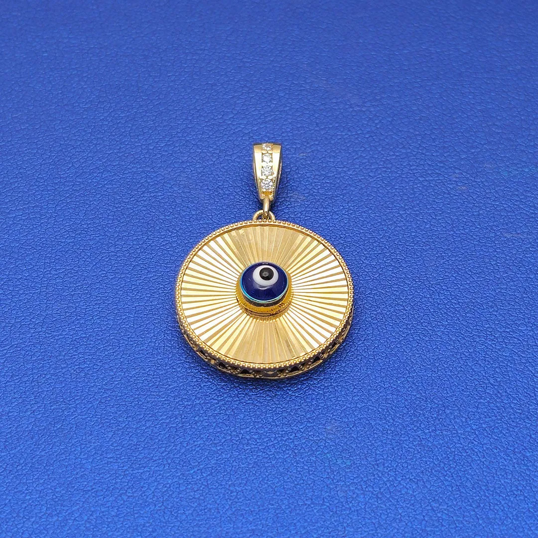 14k CZ Fancy Laser Cut Circle Dark Blue Evil Eye Pendant