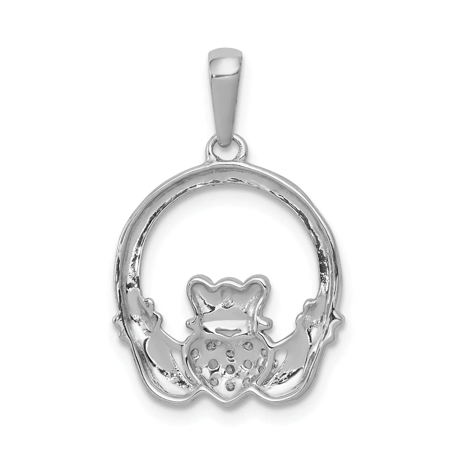 14k White Gold Open Back Polished Finish 0.12CT Diamond Claddagh Circle Design Charm Pendant