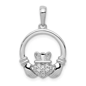 14k White Gold Open Back Polished Finish 0.12CT Diamond Claddagh Circle Design Charm Pendant