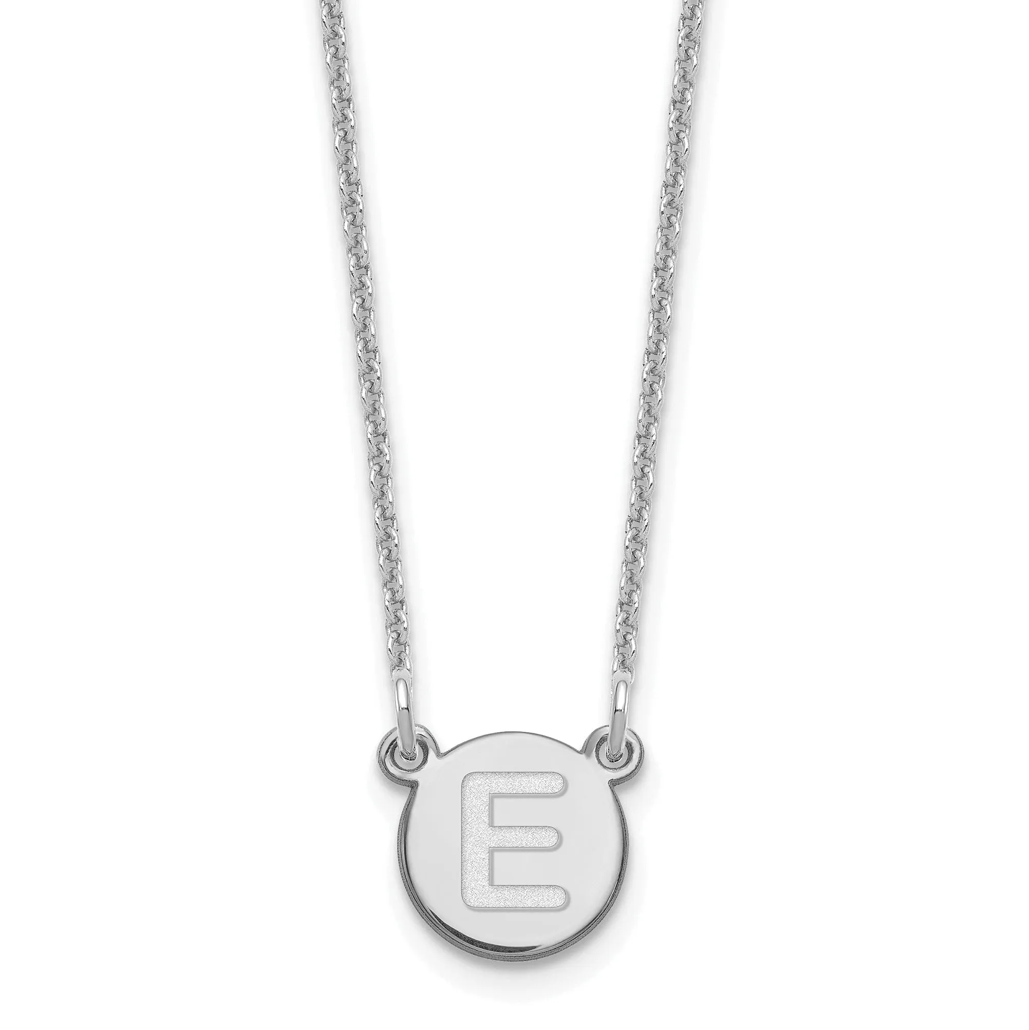 14k White Gold Tiny Circle Block Letter E Initial Pendant and Necklace