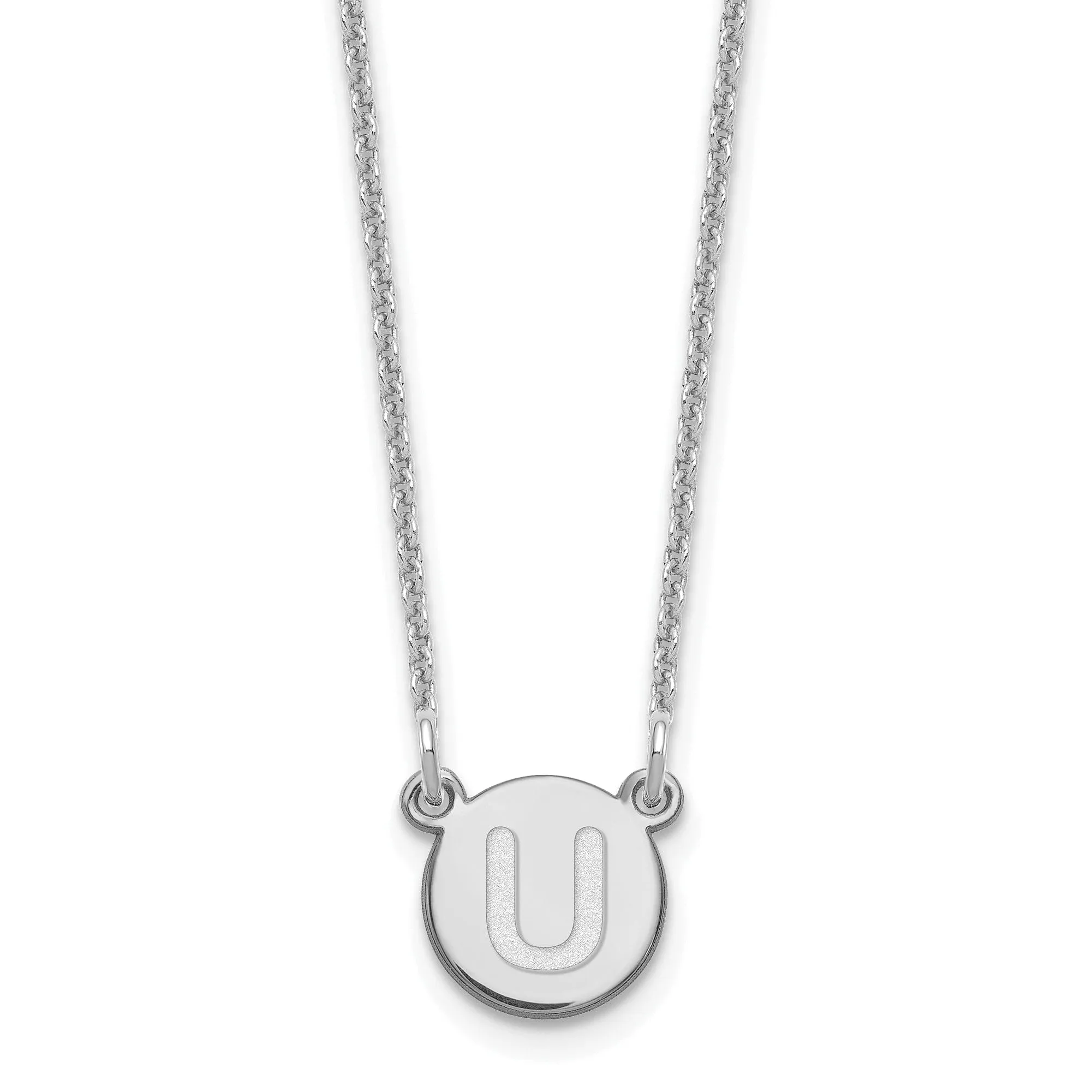 14k White Gold Tiny Circle Block Letter U Initial Pendant and Necklace