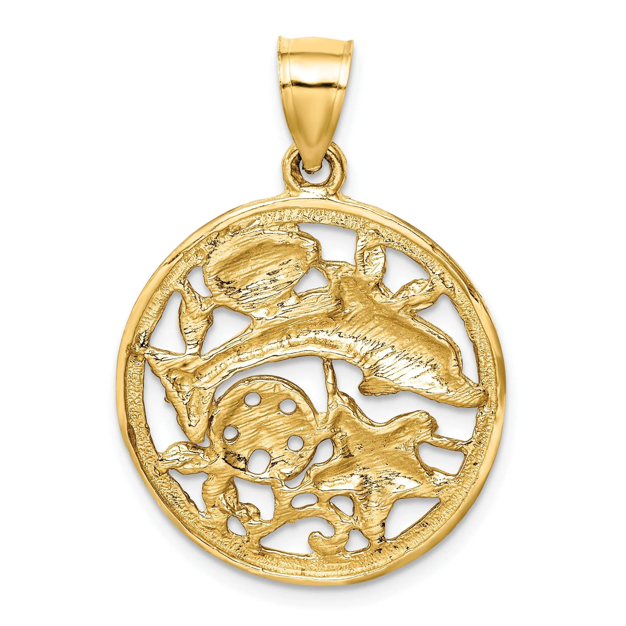 14k Yellow Gold Casted Solid Diamond-cut Dolphin and Shells Circle Polished Finish  Charm Pendant