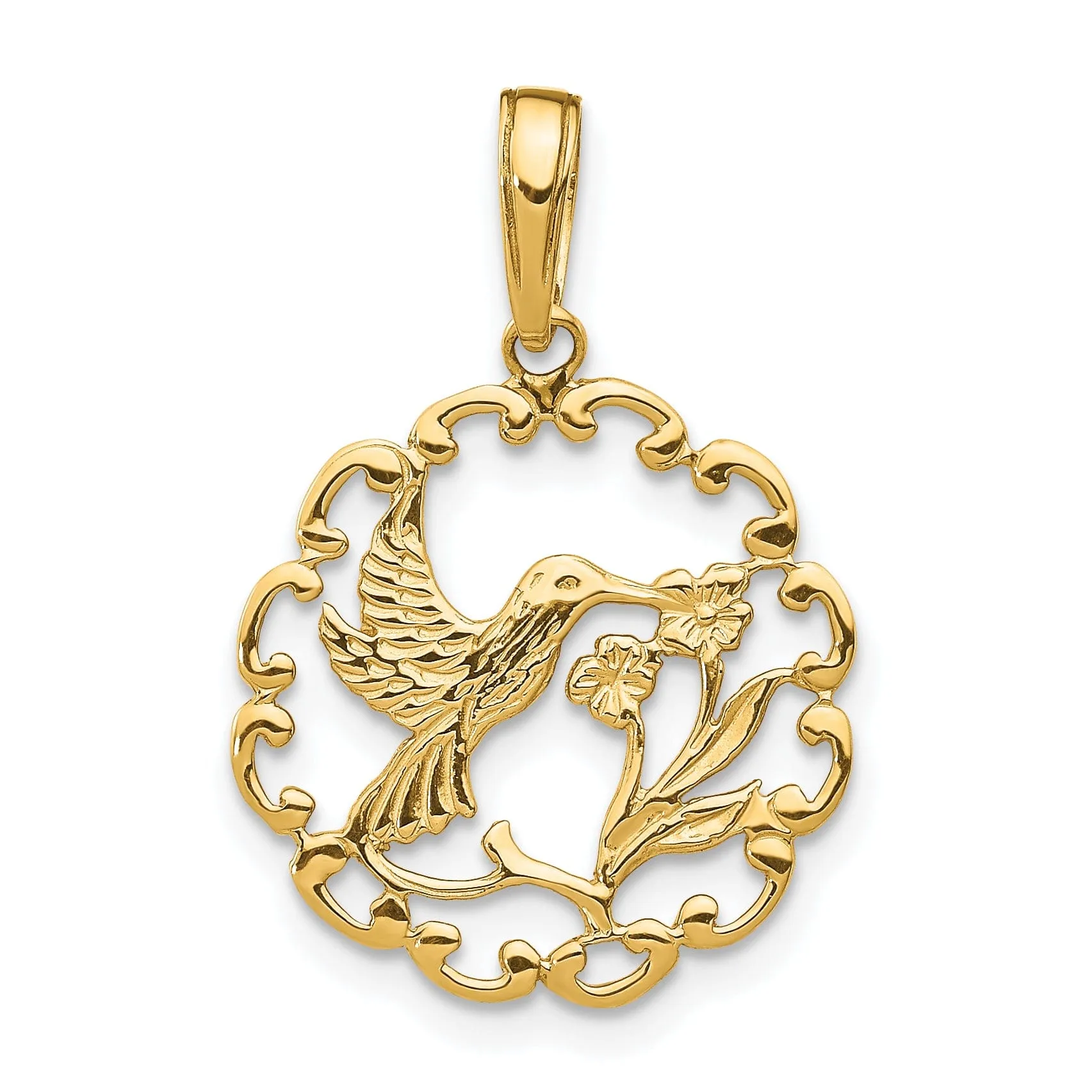 14K Yellow Gold Hummingbird Flower Design in Round Frame Shape Circle Pendant