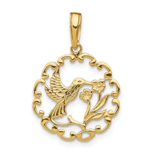 14K Yellow Gold Hummingbird Flower Design in Round Frame Shape Circle Pendant