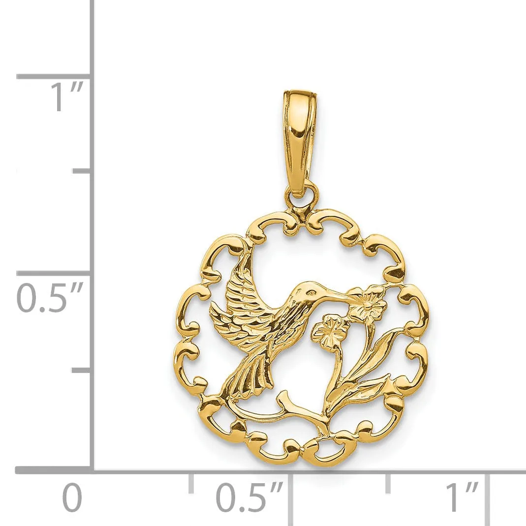 14K Yellow Gold Hummingbird Flower Design in Round Frame Shape Circle Pendant