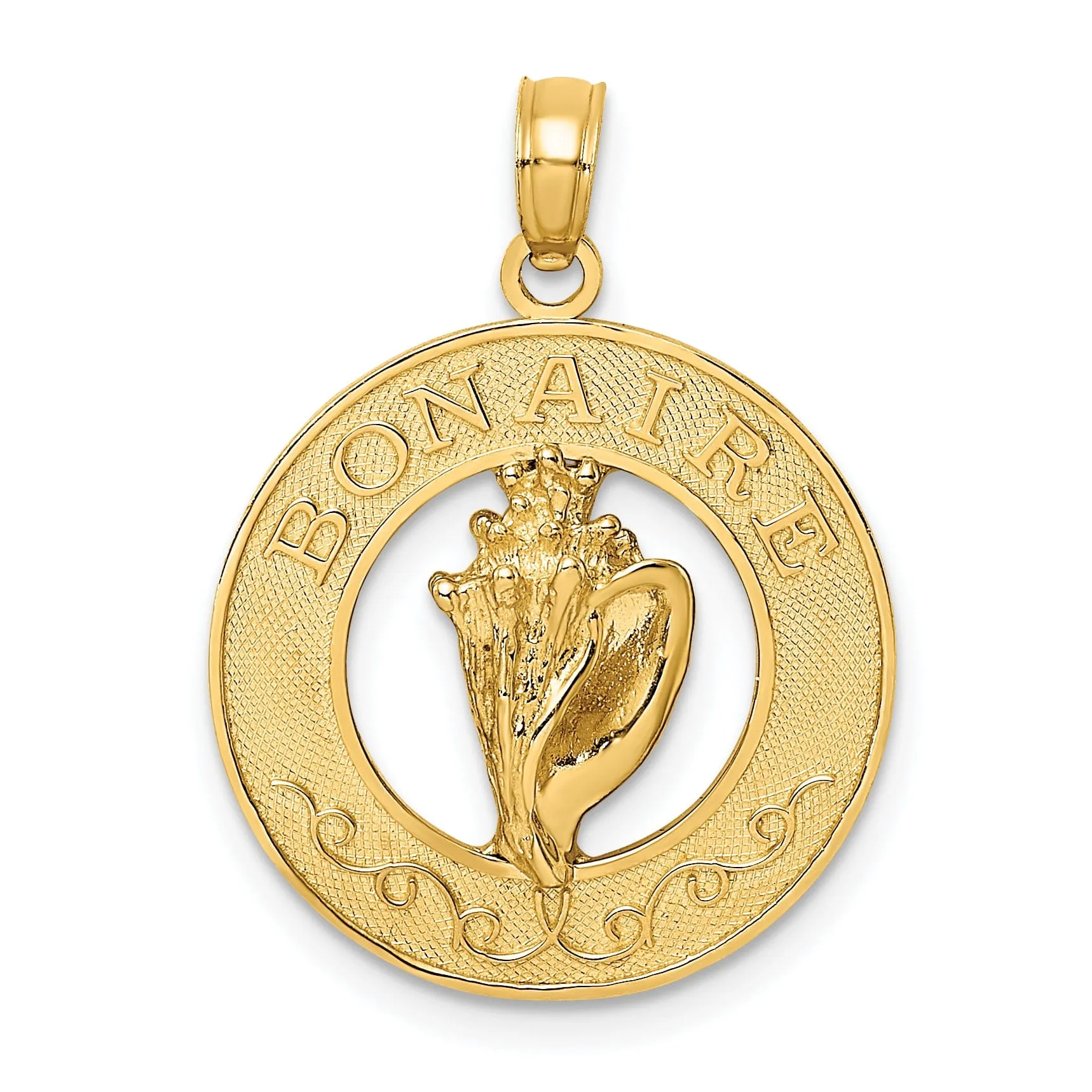 14K Yellow Gold Polished Finish Concave Shape BONAIRE, W.I Circle Design with Conch Shell Charm Pendant