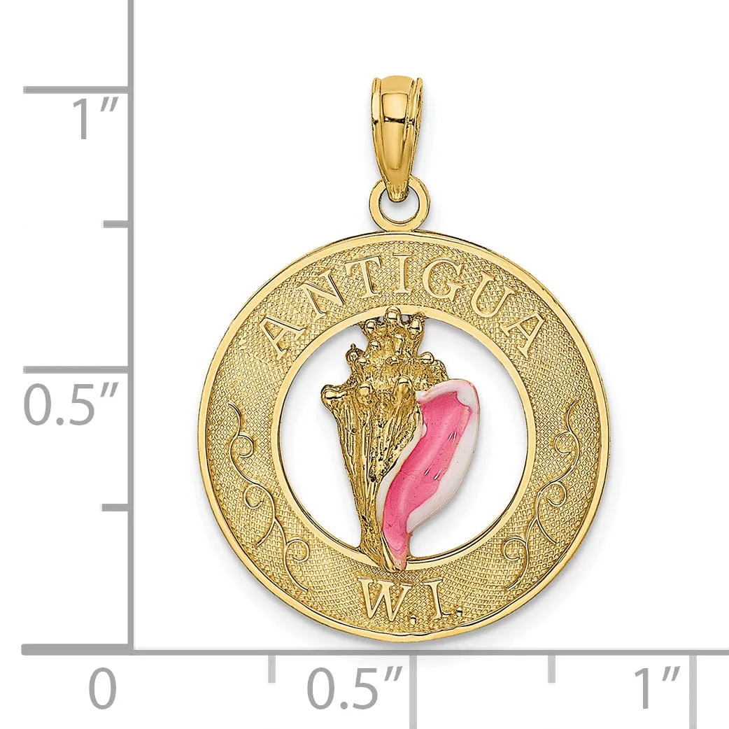 14K Yellow Gold Polished Pink Enameled Finish  ANTIGUA, W.I Circle Design with Conch Shell Charm Pendant