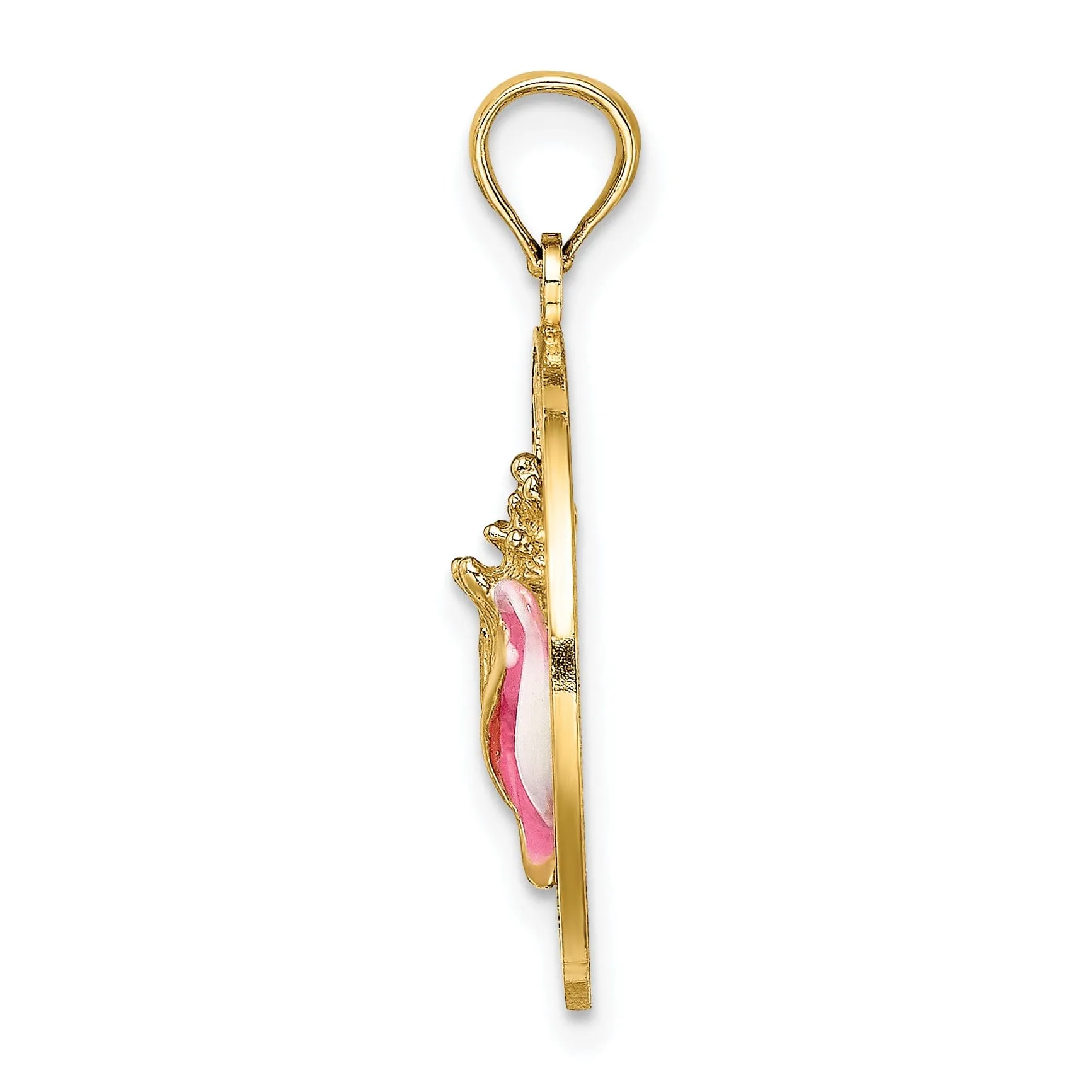 14K Yellow Gold Polished Pink Enameled Finish  ANTIGUA, W.I Circle Design with Conch Shell Charm Pendant