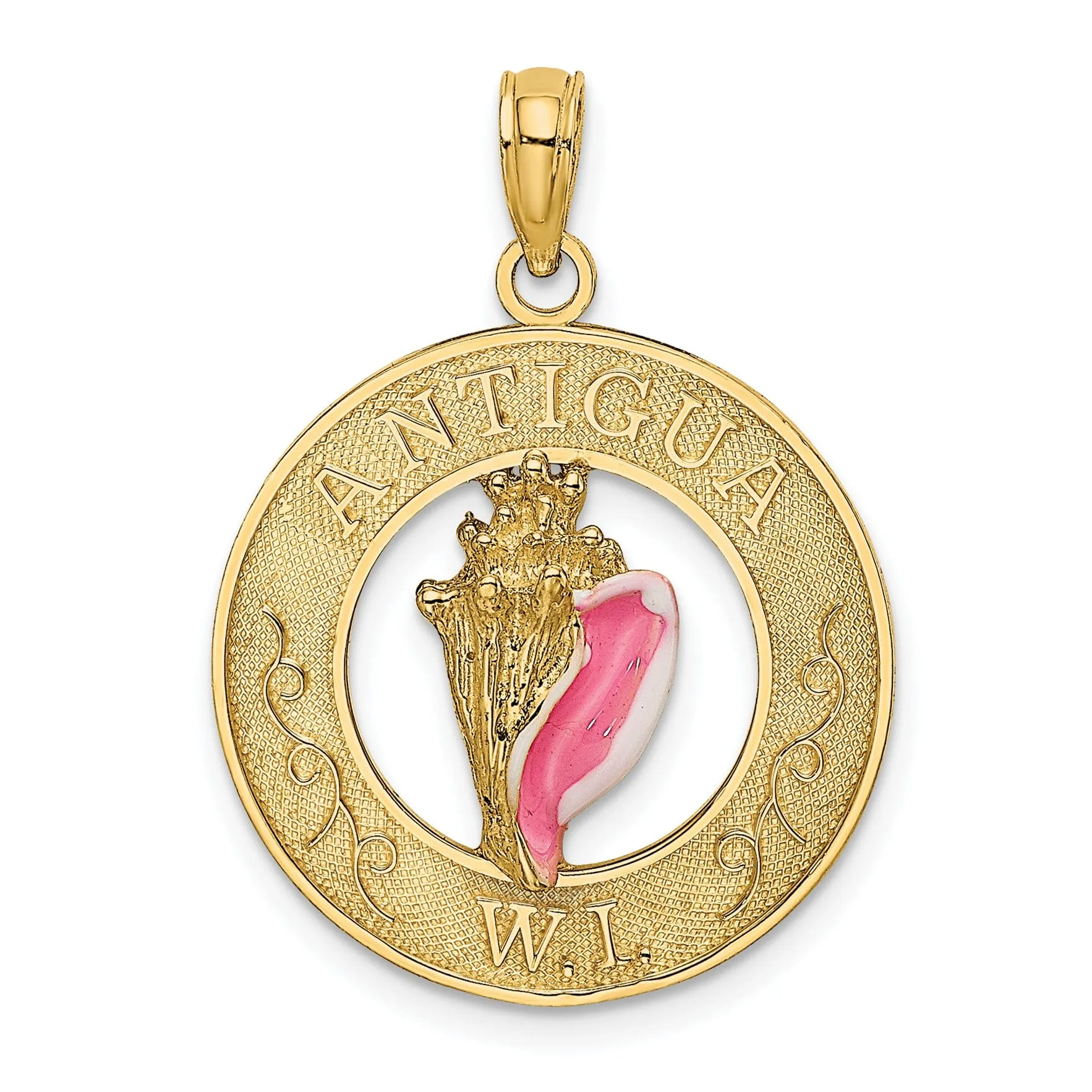 14K Yellow Gold Polished Pink Enameled Finish  ANTIGUA, W.I Circle Design with Conch Shell Charm Pendant