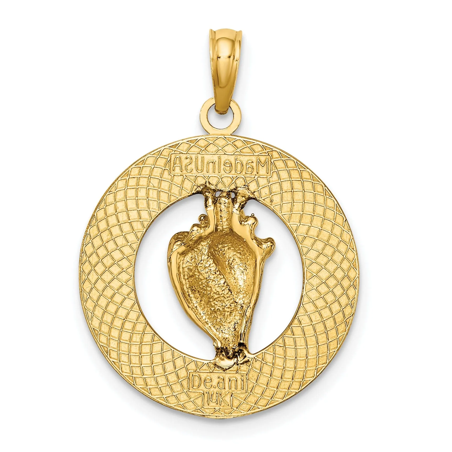 14K Yellow Gold Polished Pink Enameled Finish  ANTIGUA, W.I Circle Design with Conch Shell Charm Pendant