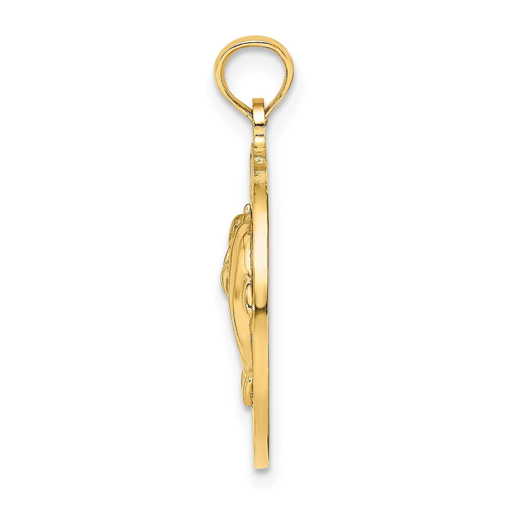 14K Yellow Gold Polished Textured Finish BAHAMAS in Circle Design with Double Dolphin Charm Pendant