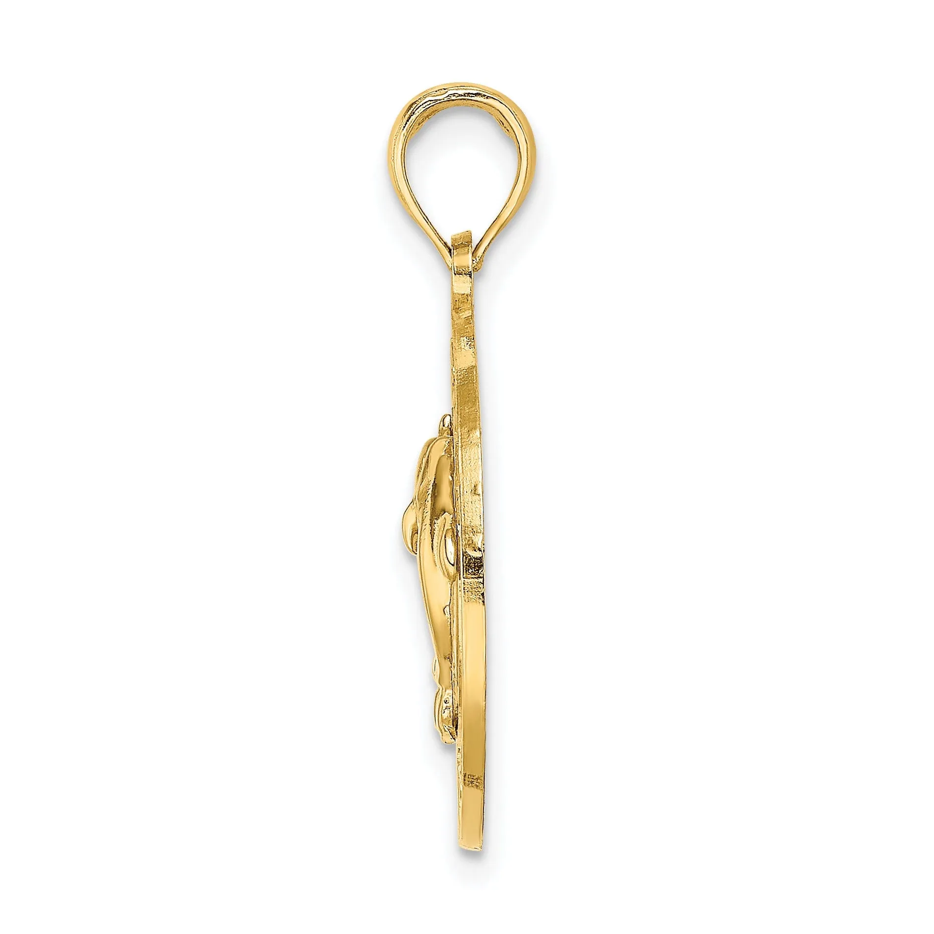 14K Yellow Gold Polished Textured Finish SANIBEL Florida with Double Dolphins in Circle Design Charm Pendant