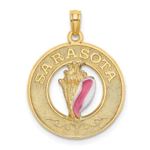 14K Yellow Gold Polished Textured Pink, White Enamel Finish Conch Shell SARASOTA  in Circle Design Charm Pendant