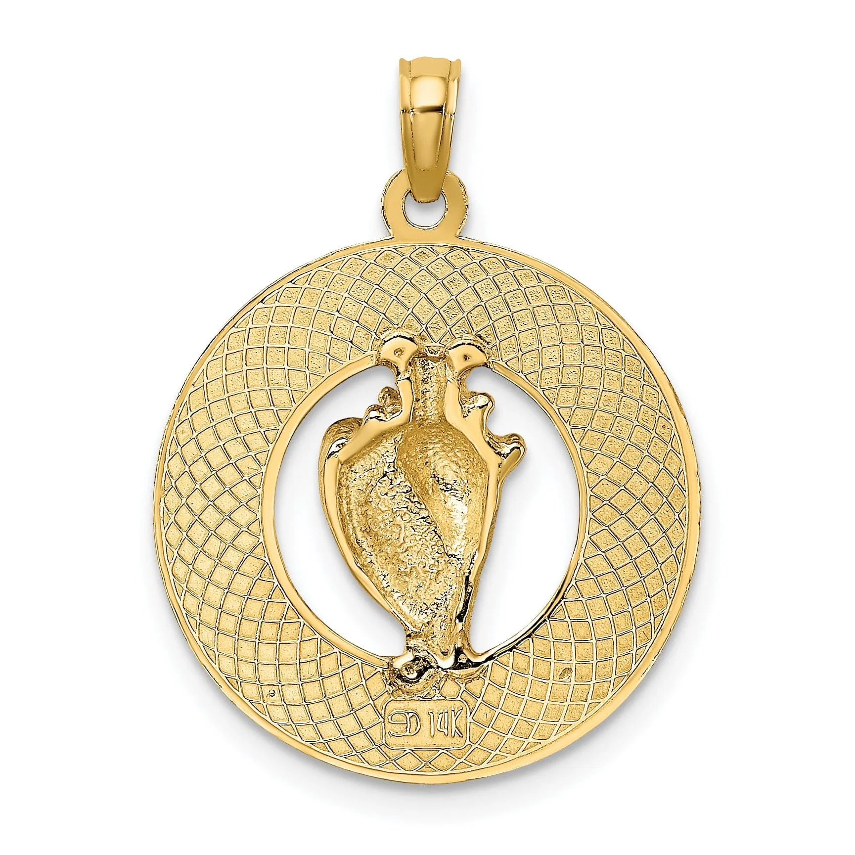 14K Yellow Gold Polished Textured Pink, White Enamel Finish Conch Shell SARASOTA  in Circle Design Charm Pendant