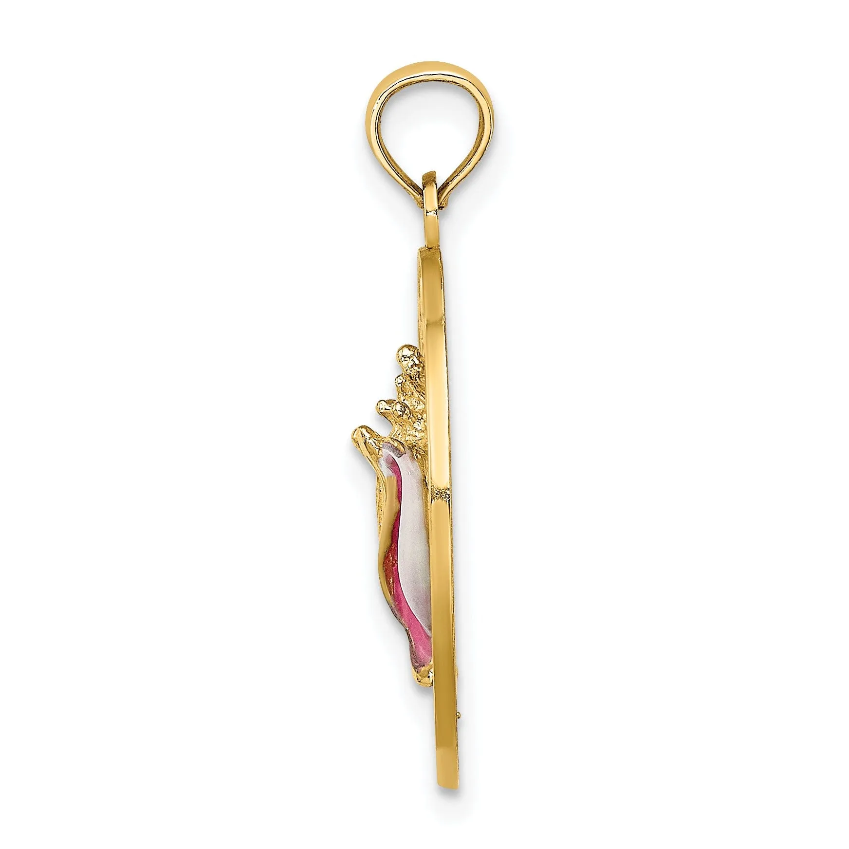 14K Yellow Gold Polished Textured Pink, White Enamel Finish Conch Shell SARASOTA  in Circle Design Charm Pendant