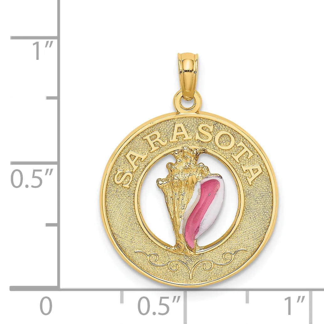 14K Yellow Gold Polished Textured Pink, White Enamel Finish Conch Shell SARASOTA  in Circle Design Charm Pendant