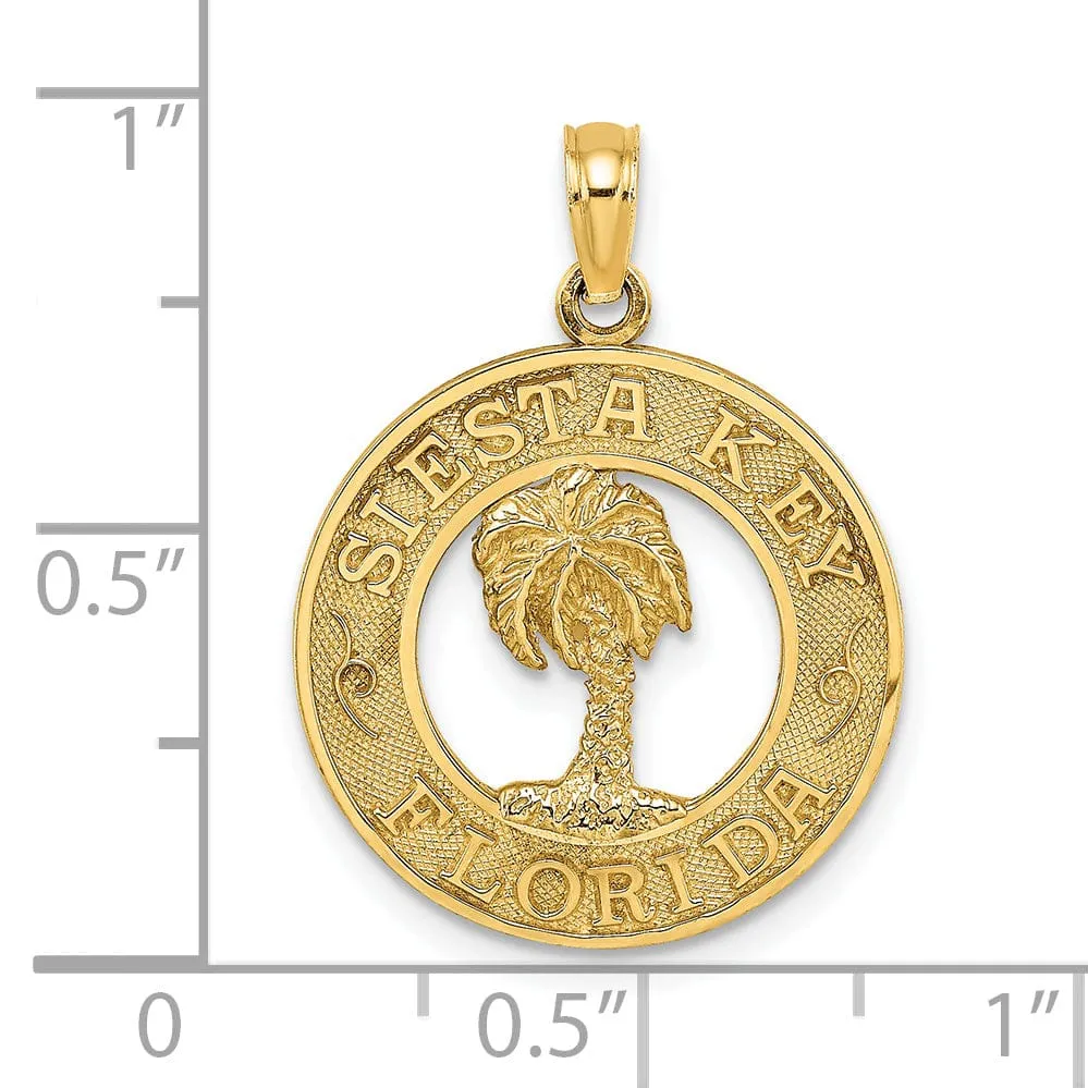 14K Yellow Gold SIESTA Key Florida Banner Palm Tree Circle Design Pendant