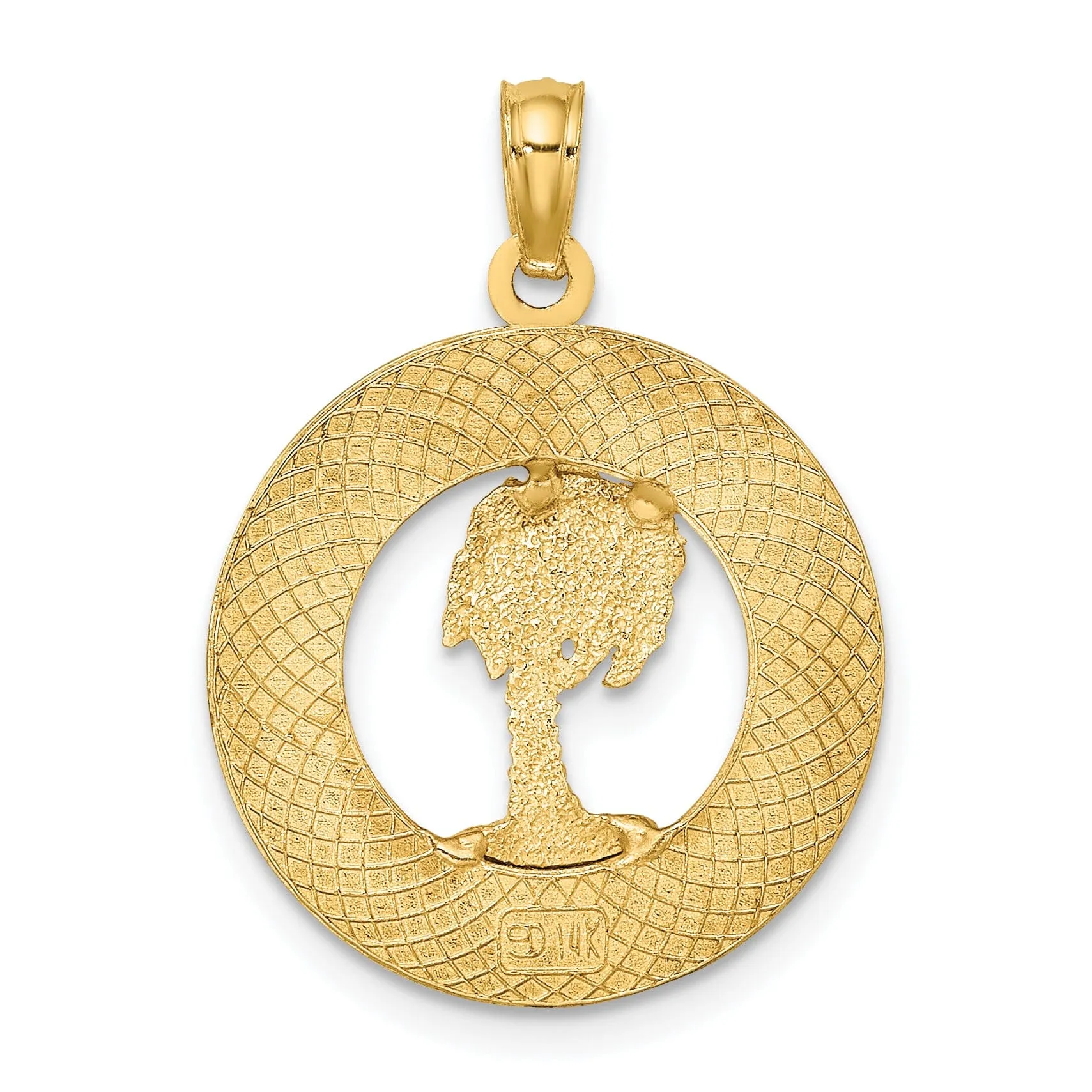 14K Yellow Gold SIESTA Key Florida Banner Palm Tree Circle Design Pendant