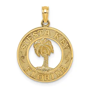 14K Yellow Gold SIESTA Key Florida Banner Palm Tree Circle Design Pendant