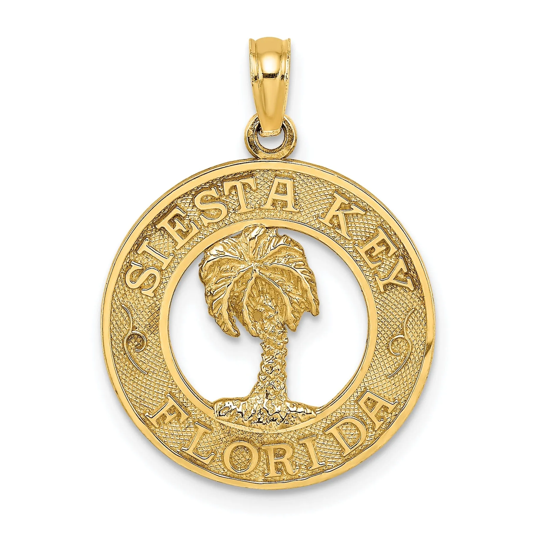 14K Yellow Gold SIESTA Key Florida Banner Palm Tree Circle Design Pendant