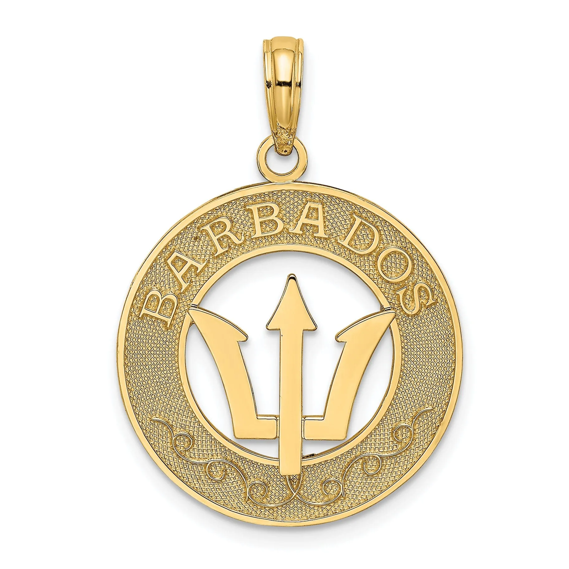 14K Yellow Gold Textured Polished Finish BARBADOS with Trident Spear in Circle Design Charm Pendant