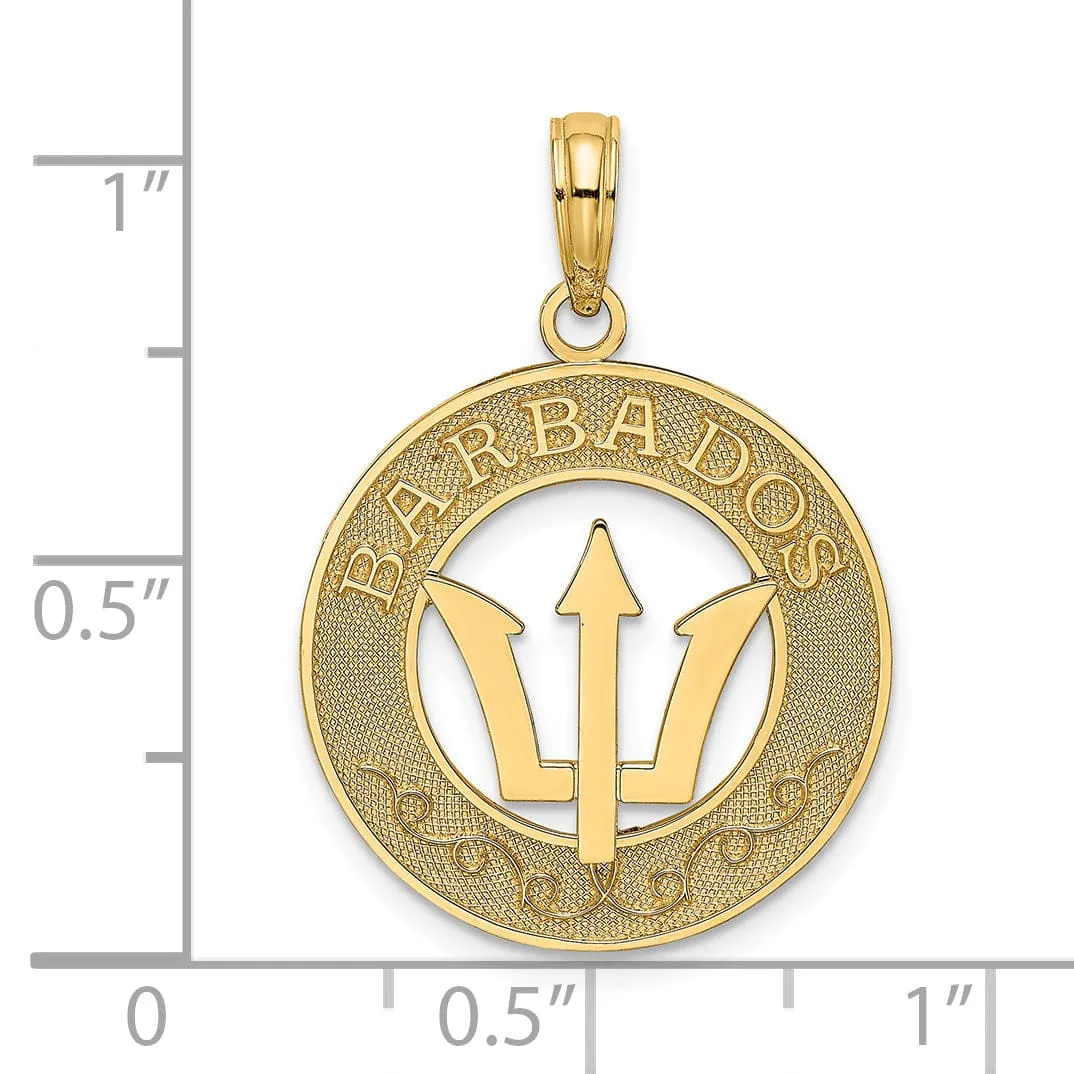 14K Yellow Gold Textured Polished Finish BARBADOS with Trident Spear in Circle Design Charm Pendant