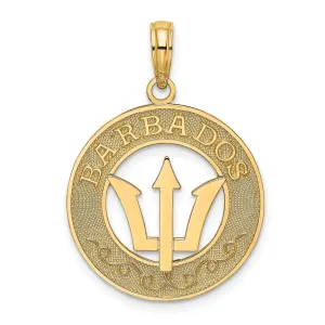 14K Yellow Gold Textured Polished Finish BARBADOS with Trident Spear in Circle Design Charm Pendant
