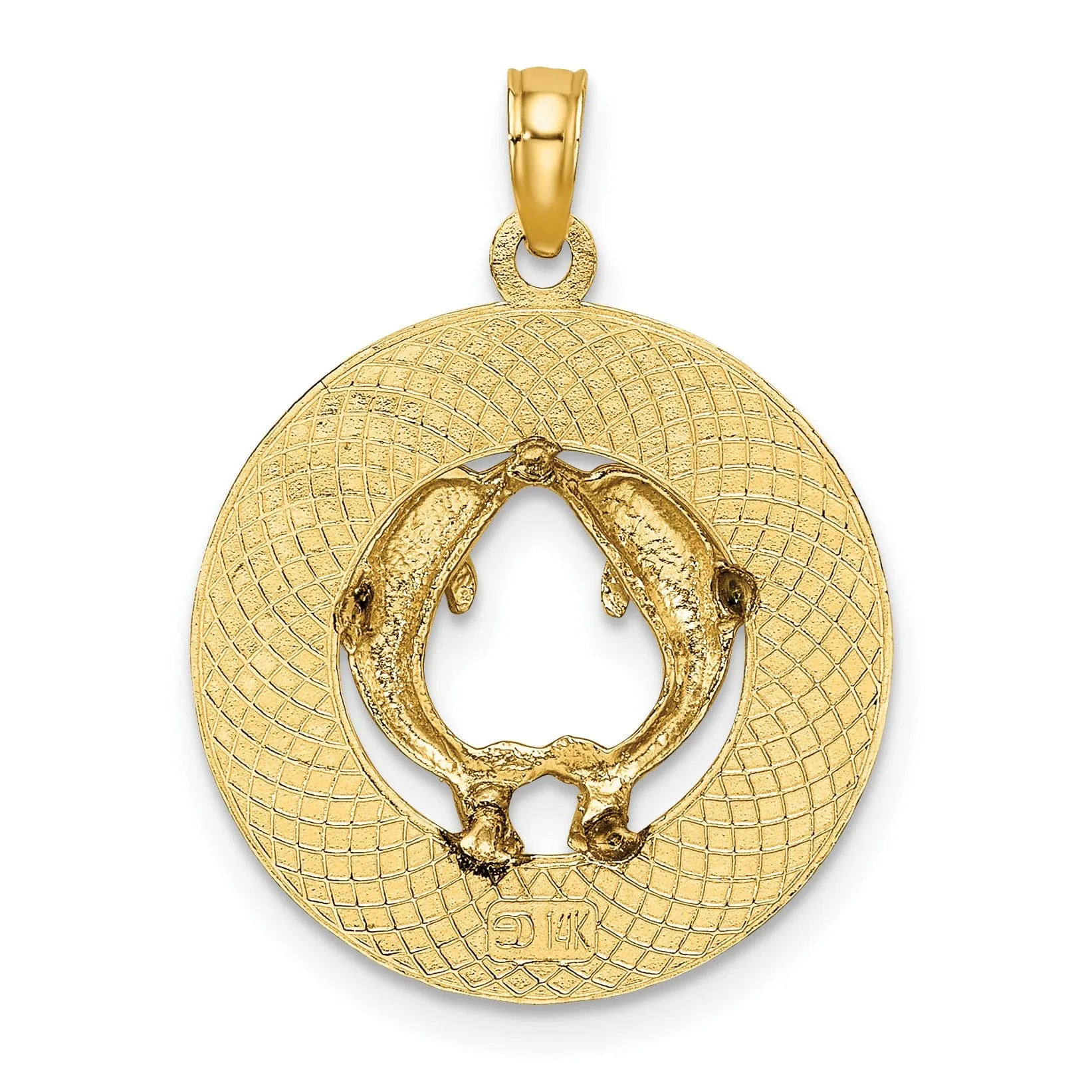 14K Yellow Gold Textured Polished Finish KENNEBUNKPORT Maine with Double Dolphins in Circle Design Charm Pendant