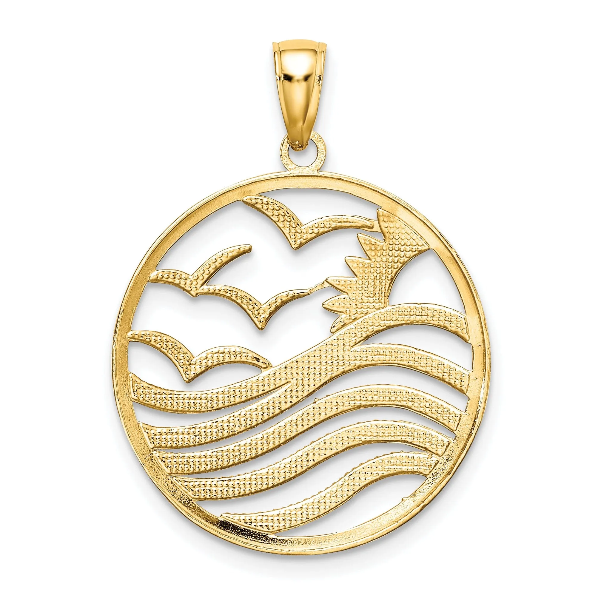 14k Yellow Gold, White Rhodium Polished Finish Sunset and Seagulls In Circle Design Charm Pendant