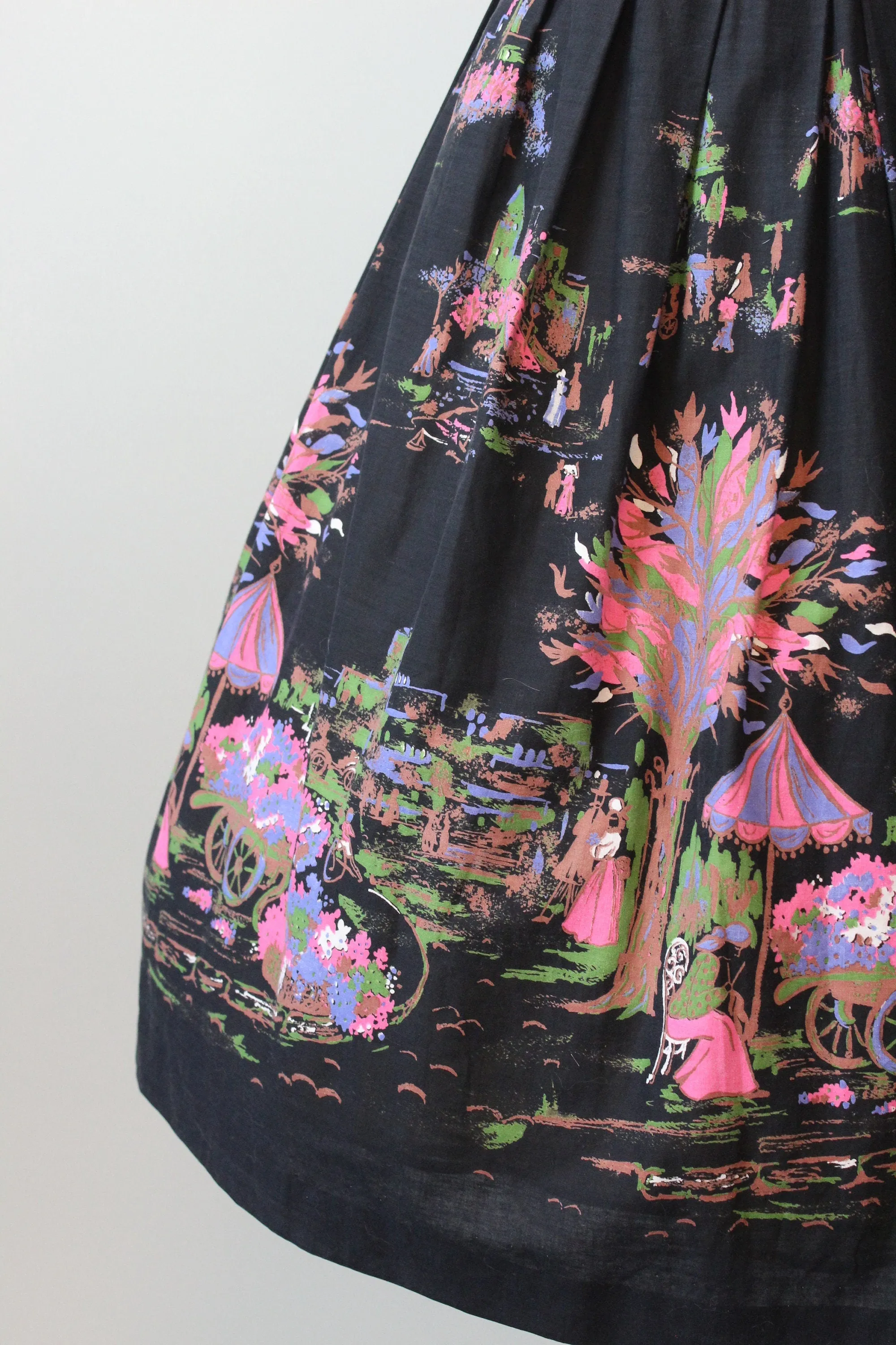 1950s CITY umbrella flower cart scene novelty print skirt small | new spring