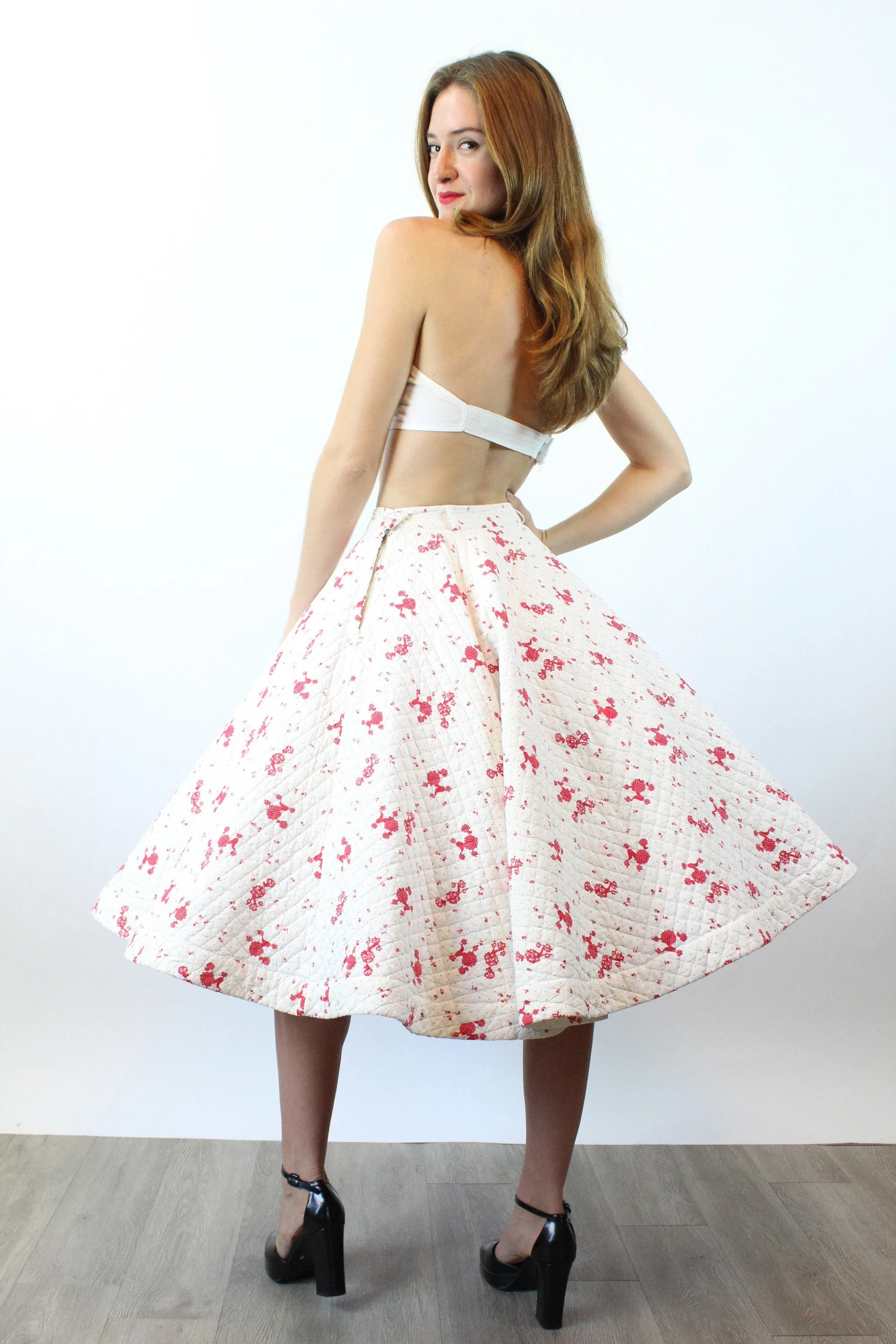 1950s POODLES novelty print  QUILTED circle skirt xs | new fall