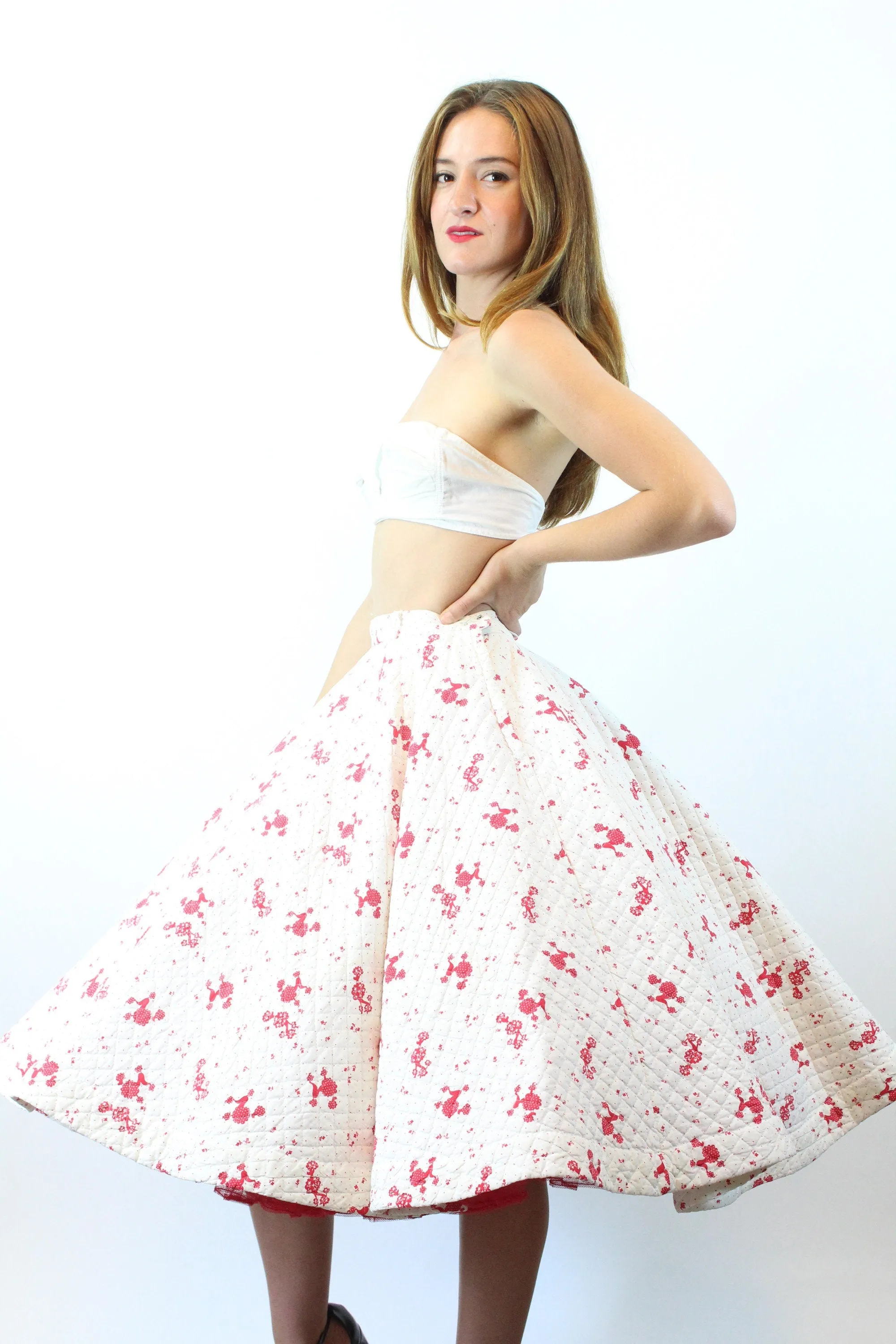1950s POODLES novelty print  QUILTED circle skirt xs | new fall