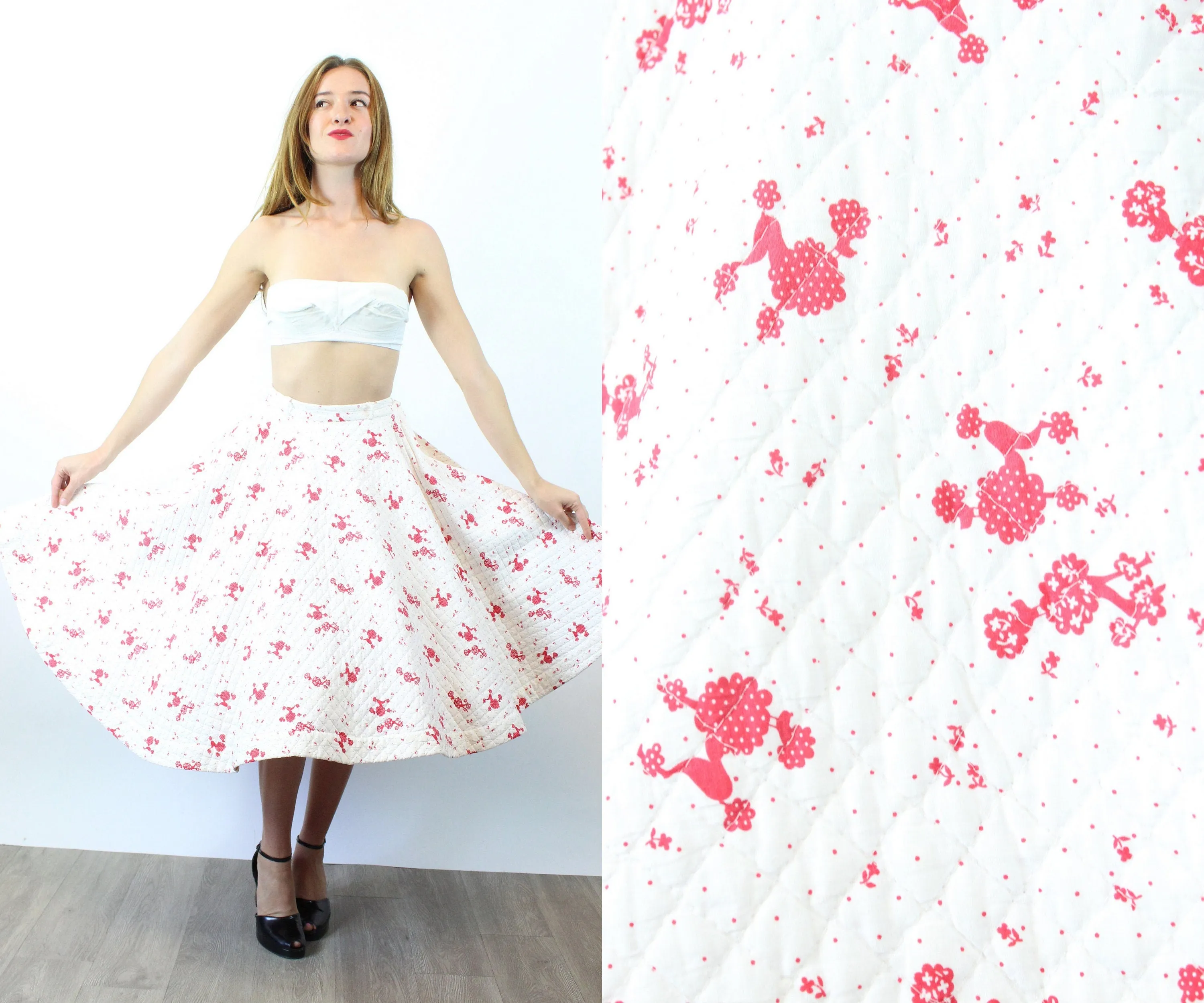 1950s POODLES novelty print  QUILTED circle skirt xs | new fall