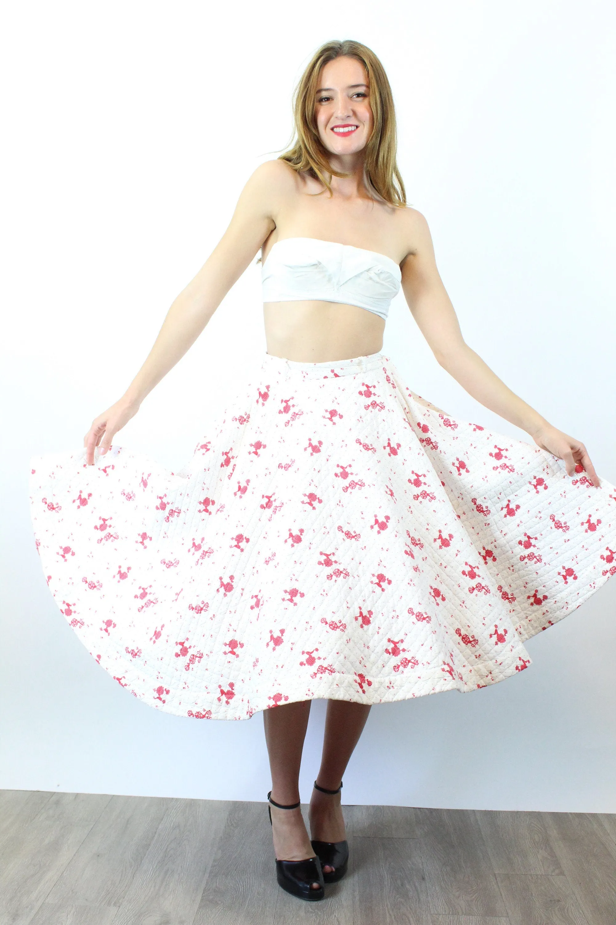 1950s POODLES novelty print  QUILTED circle skirt xs | new fall