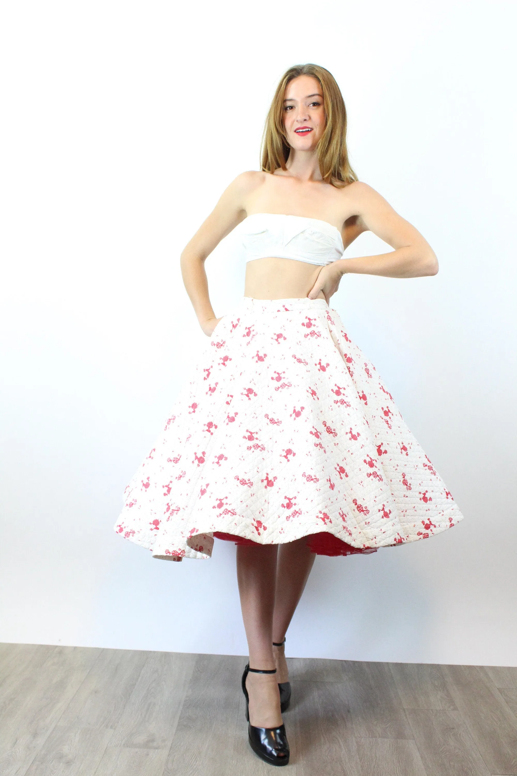 1950s POODLES novelty print  QUILTED circle skirt xs | new fall