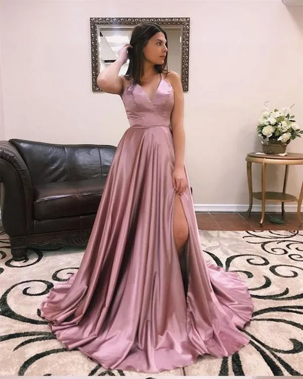 2019 Sexy Deep V-Neck Burgundy Prom Dresses with Split Side Long Pageant Gowns