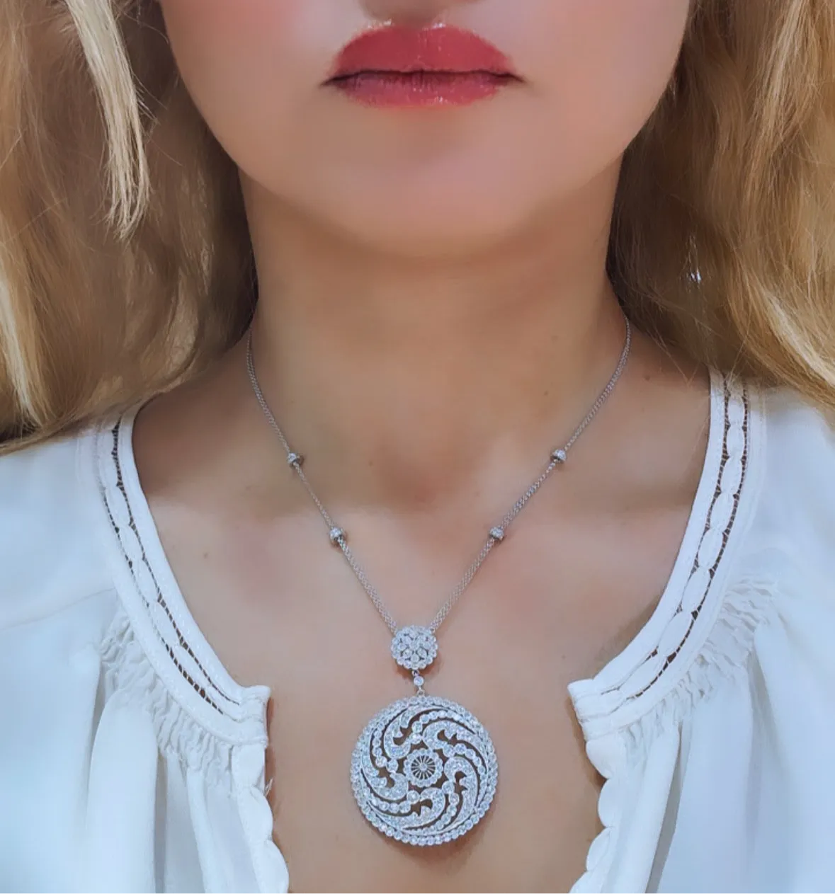 2.81ct t.w. Round Diamond Filigree Pendant Statement Necklace.