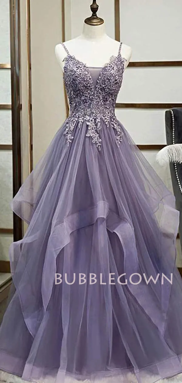 A-line Dusty Purple Tulle Appliques Long Evening Prom Dresses, Cheap Custom V Neck Prom Dress, MR7403