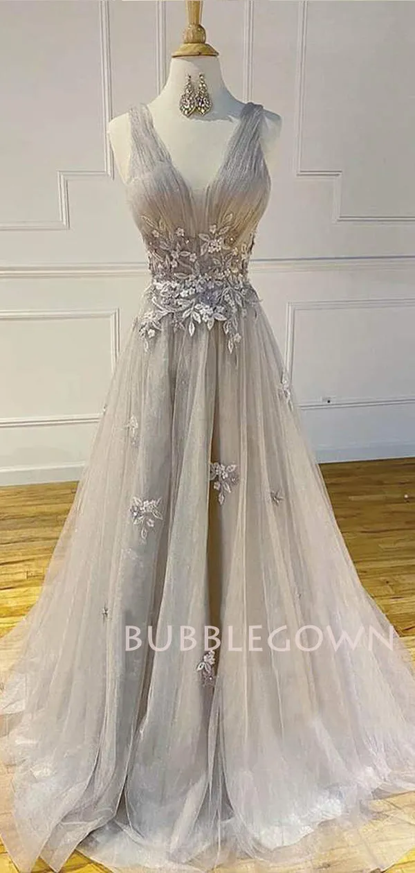 A-line Grey Tulle Appliques V Neck Long Evening Prom Dresses, Cheap Custom Prom Dresses, MR7553