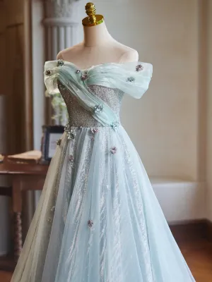 A-Line Off the Shoulder Tulle with Hand Made Flower Long Prom Dress